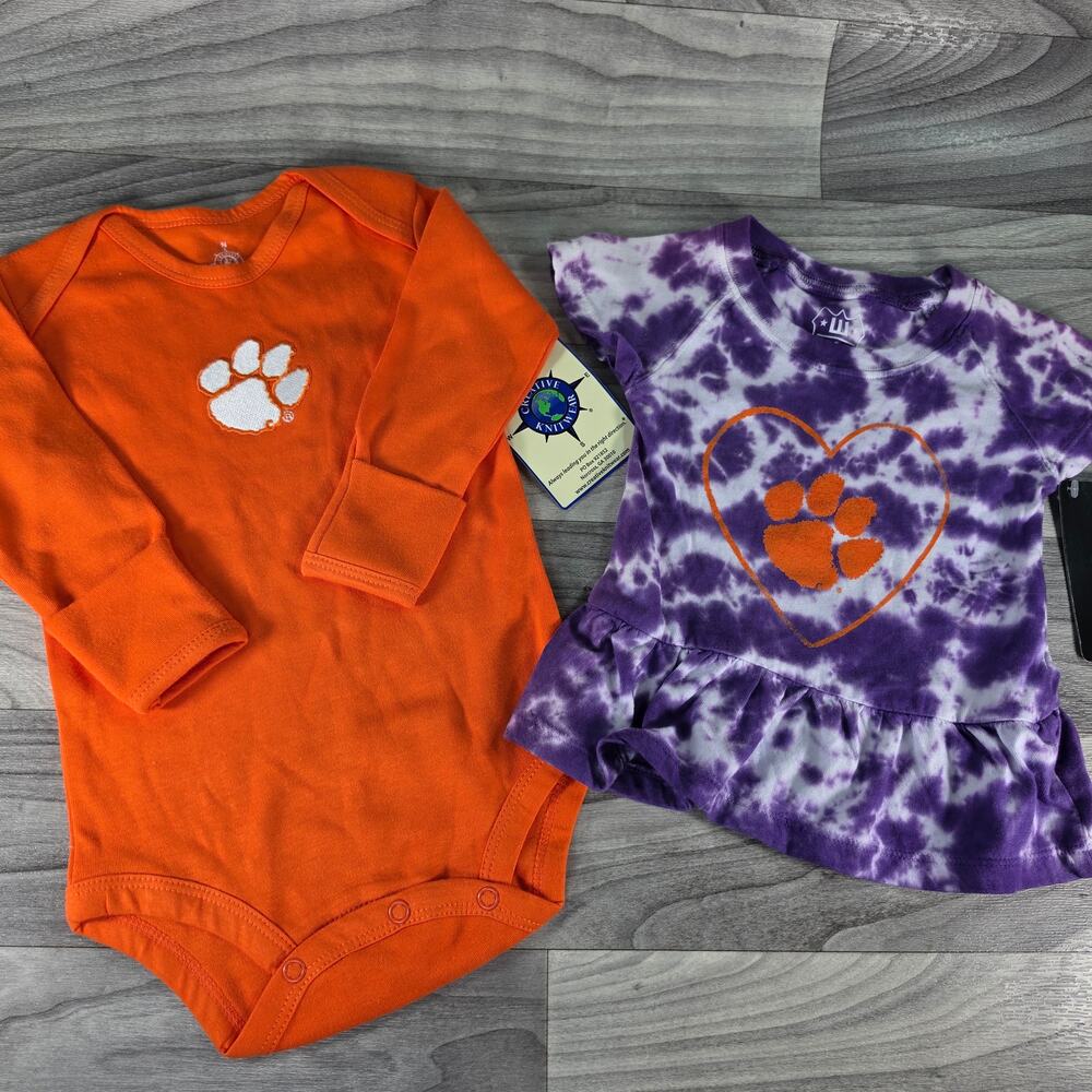 NWT Wes & Willy Clemson Tigers Infant Lot 2 Pc Tie Dye Dress Bodysuit 0-3M 6M